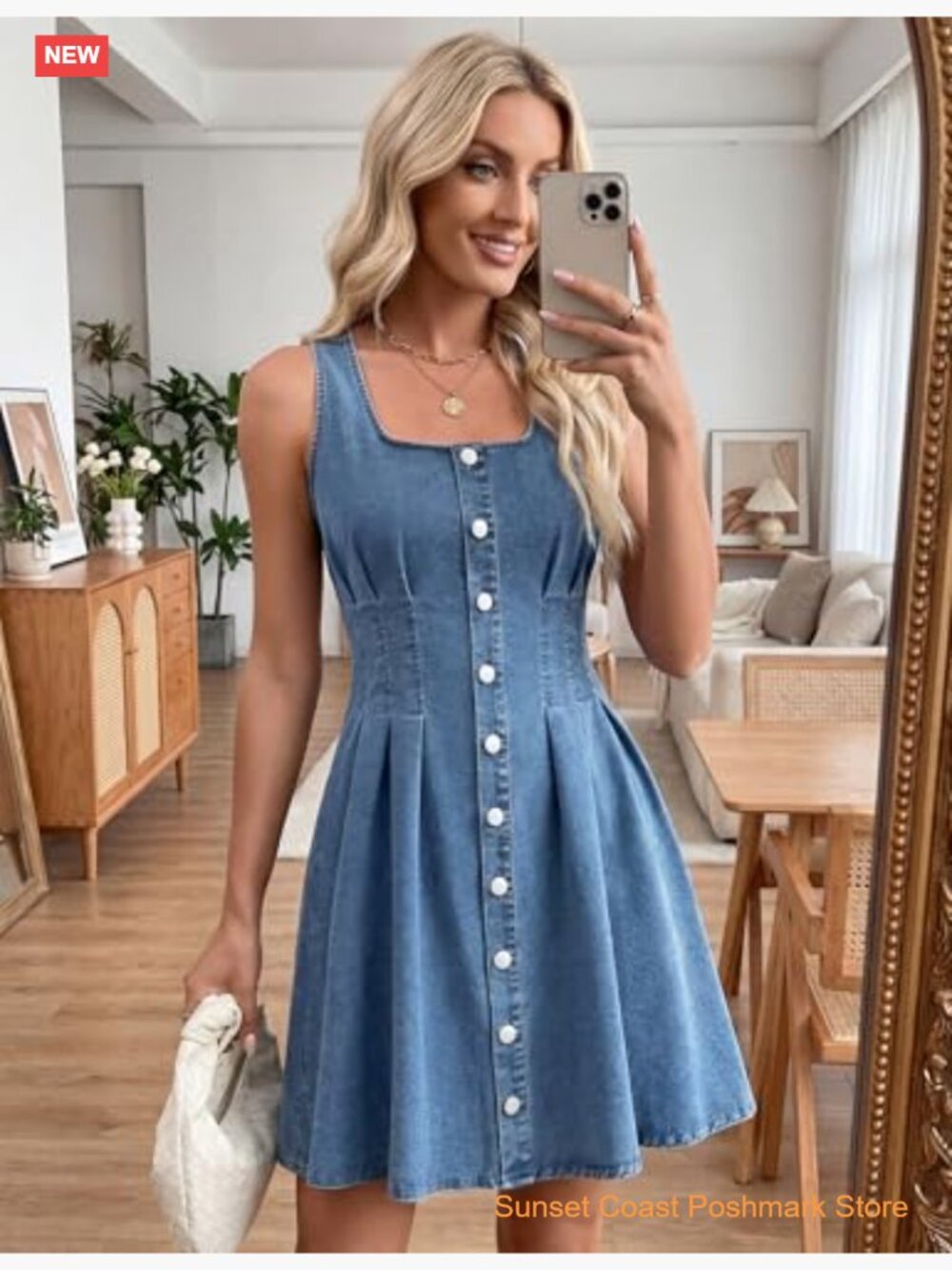 Women's Sleeveless Denim Dress Square Neck Mini Babydoll Romper - Picture 4 of 7